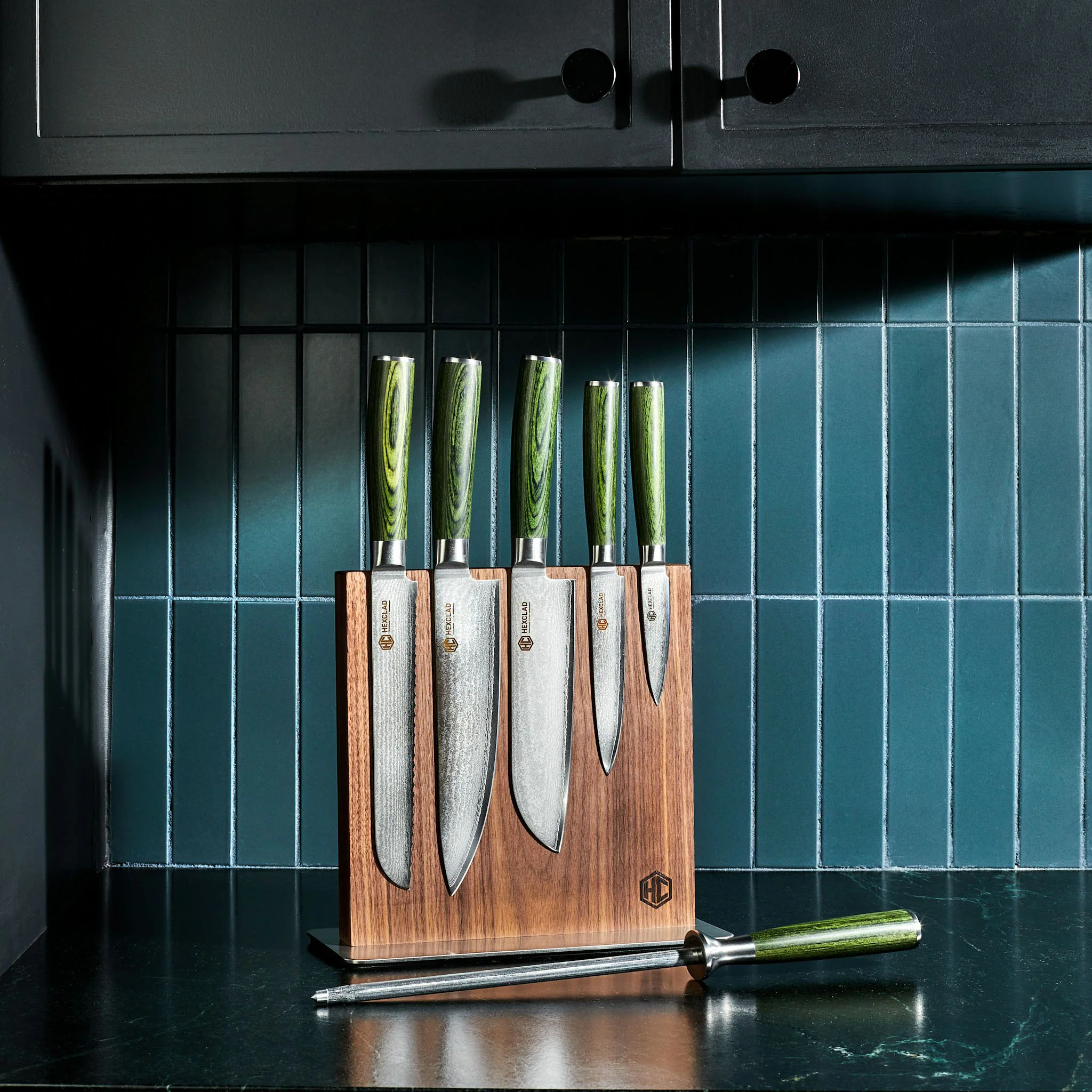 Damascus Steel Knife Set, 7-pc (Green) - Image 4