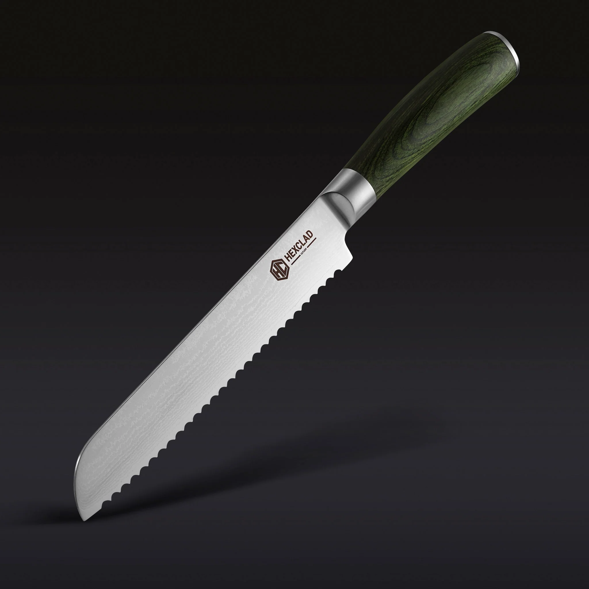 Damascus Steel Serrated Bread Knife, 8" (Green)