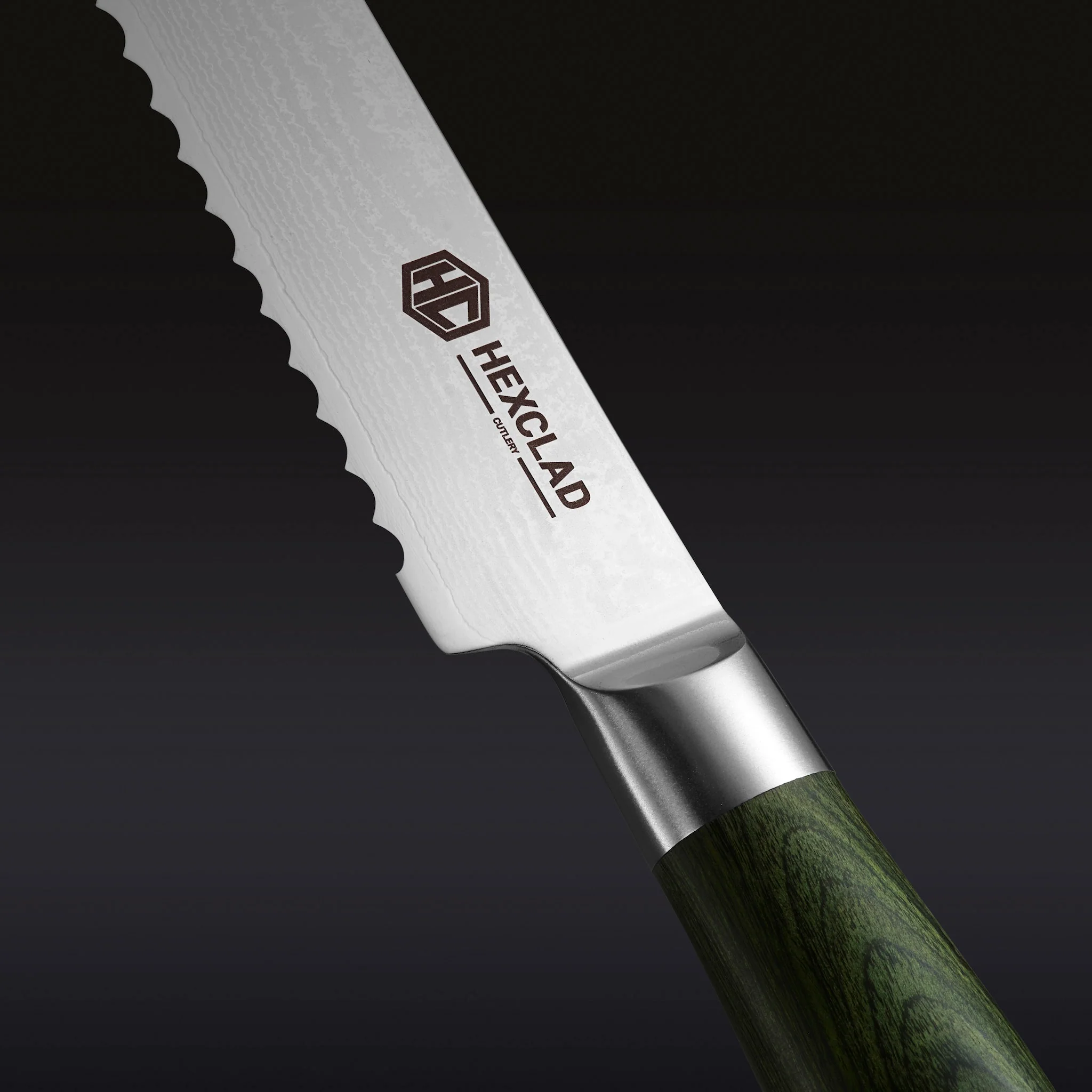 Damascus Steel Serrated Bread Knife, 8" (Green) - Image 2